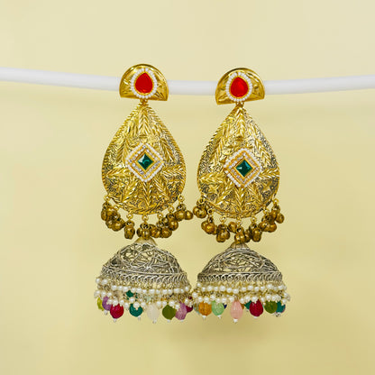 Dual Tone Leaf Jhumka Earrings