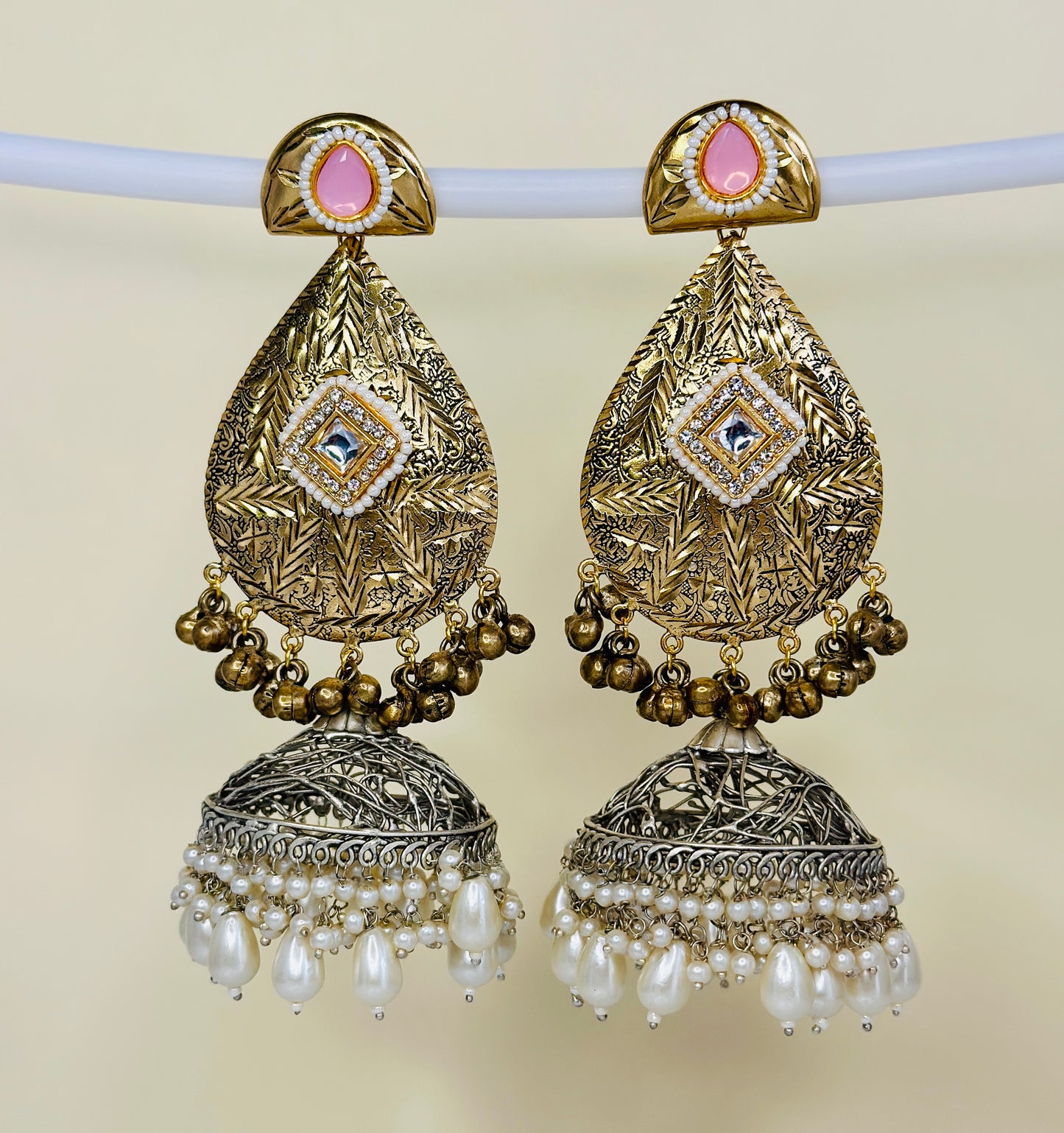 Dual Tone Leaf Jhumka Earrings