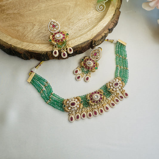 Three Pendant Rajwadi Necklace Set