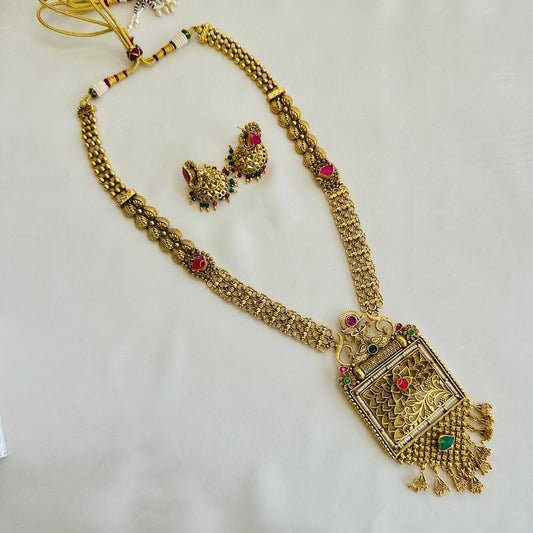 Long Square Pendant Necklace Set with Jhumki Earrings