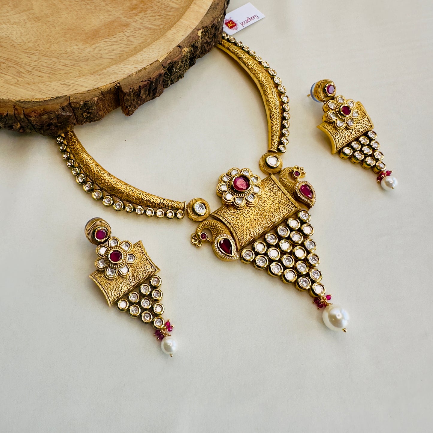 AC Kundan Ruby Peacock Necklace Set