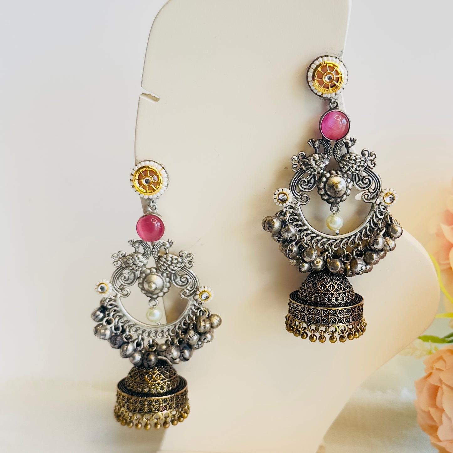 Dual Tone Chandbaali peacock Earrings