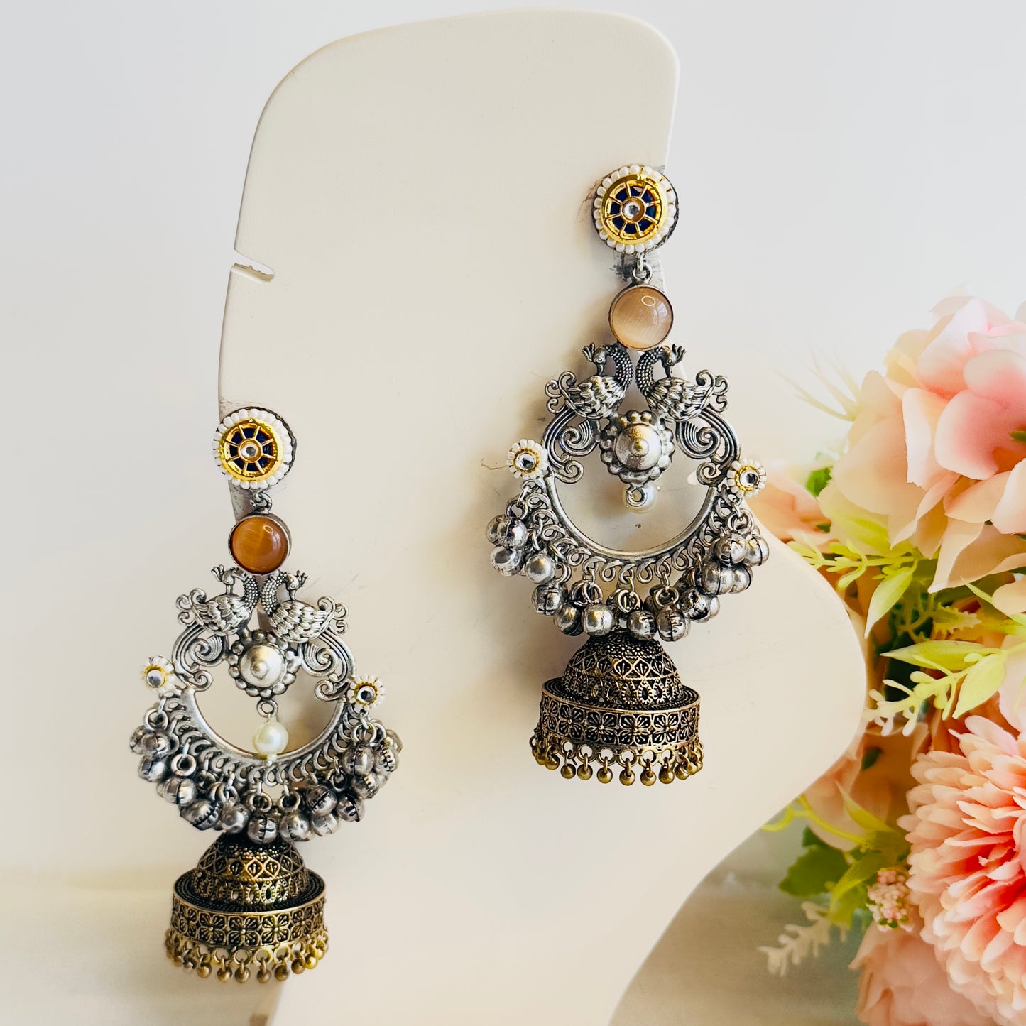 Dual Tone Chandbaali peacock Earrings