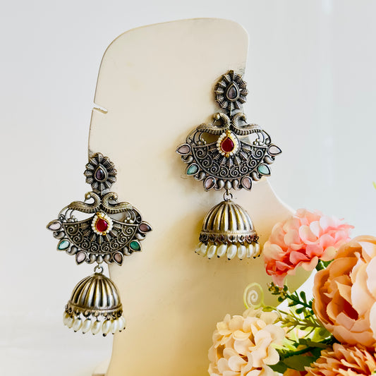 SilverTone Peacock ChandBali Earrings