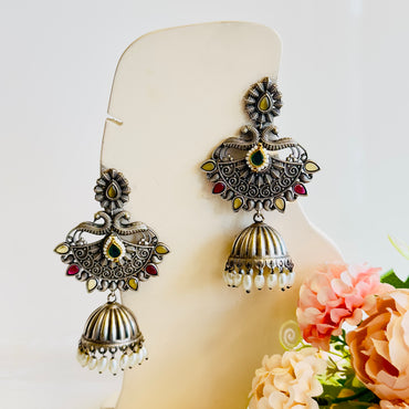 SilverTone Peacock ChandBali Earrings