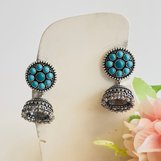 Silver Tone Turquoise Blue small Jhumka Earrings