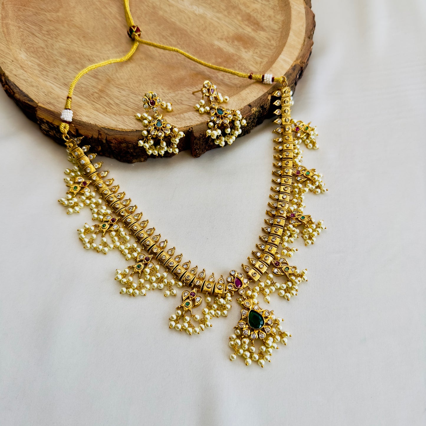 Beautiful Moti work Red Green Necklace Set