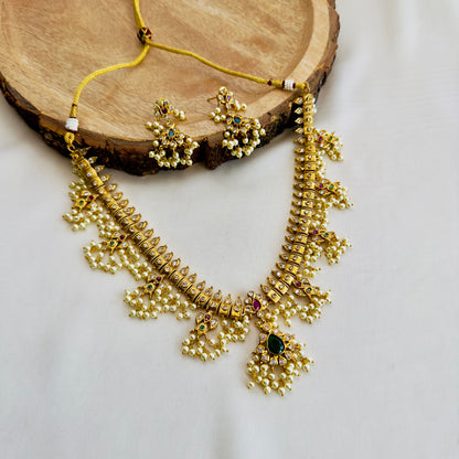 Beautiful Moti work Red Green Necklace Set