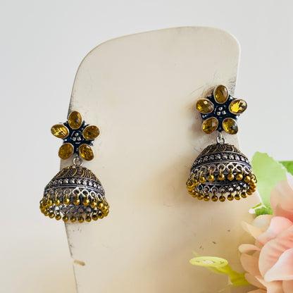 Silver Tone Musturd Yellow Jhumka Earrings