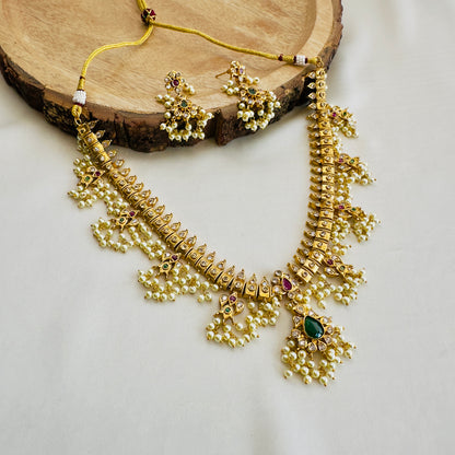 Beautiful Moti work Red Green Necklace Set