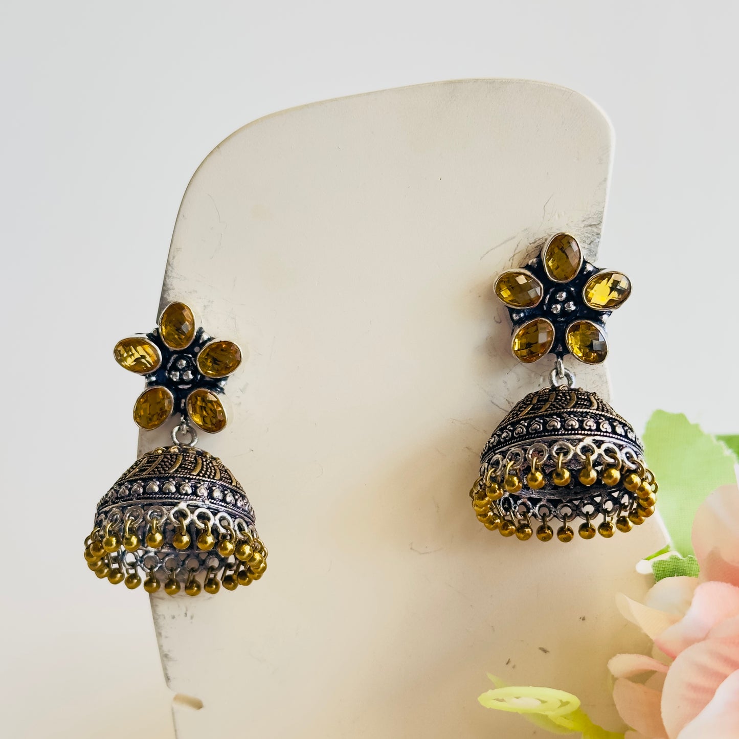 Silver Tone Musturd Yellow Jhumka Earrings