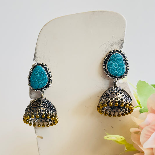 Silver Tone Turquoise Blue Jhumka Earrings