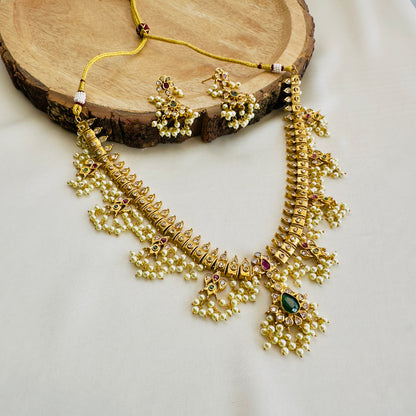 Beautiful Moti work Red Green Necklace Set