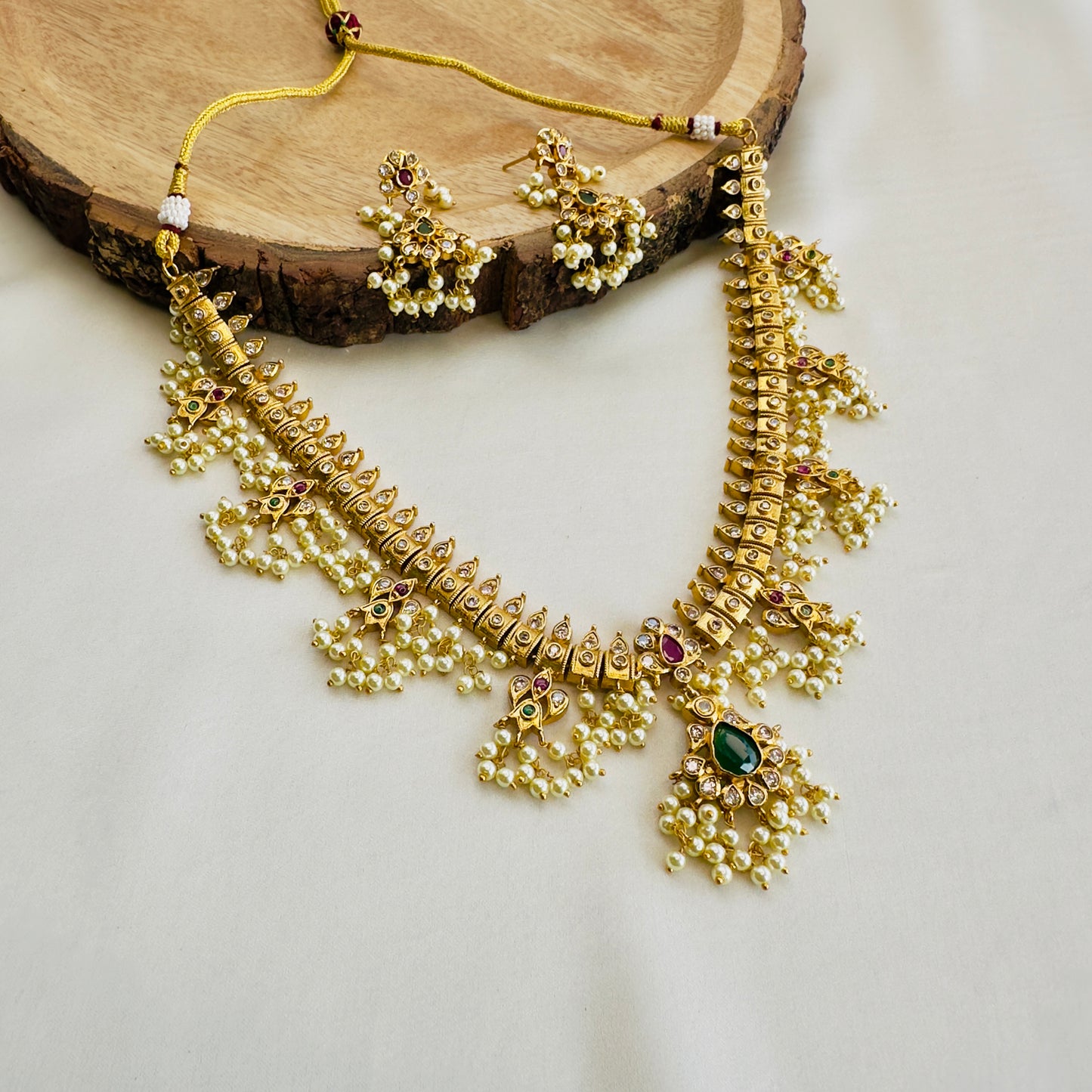 Beautiful Moti work Red Green Necklace Set