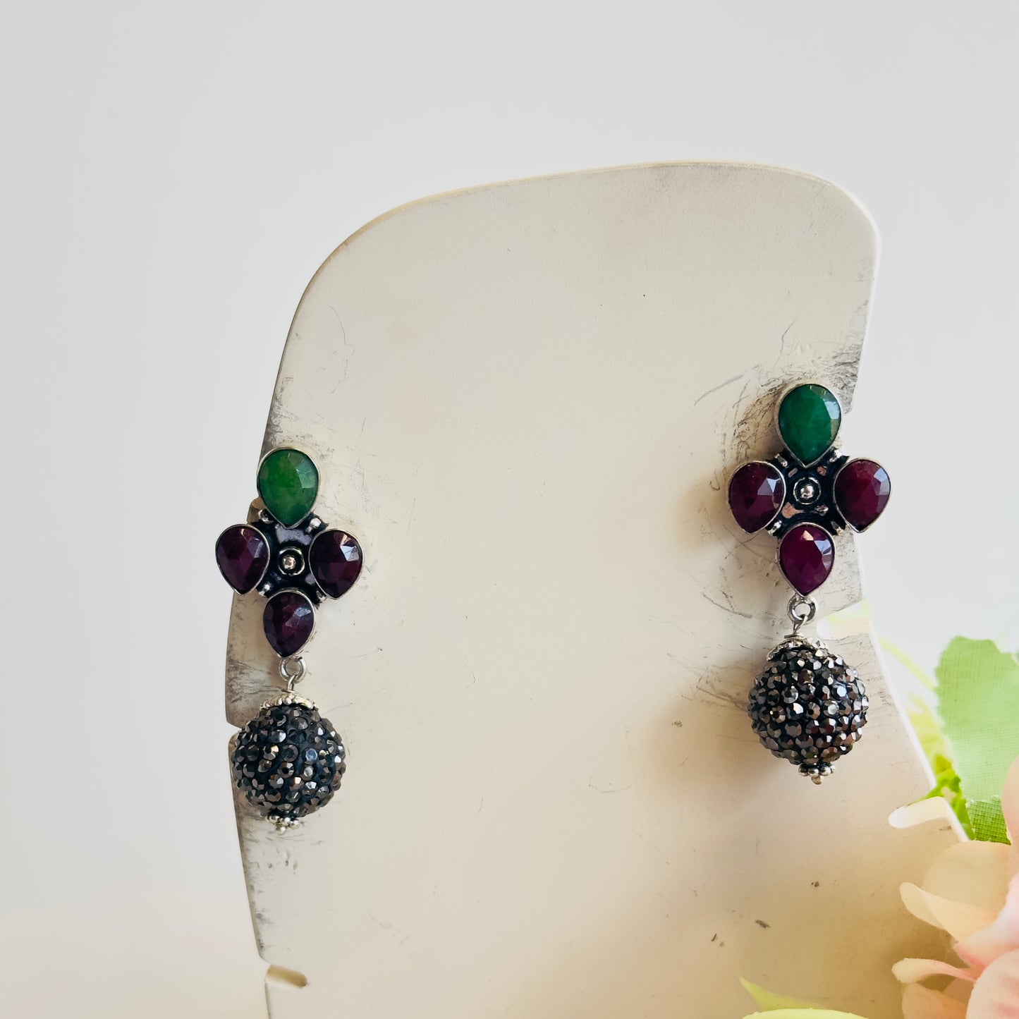 Silver Tone Ruby Green Earrings