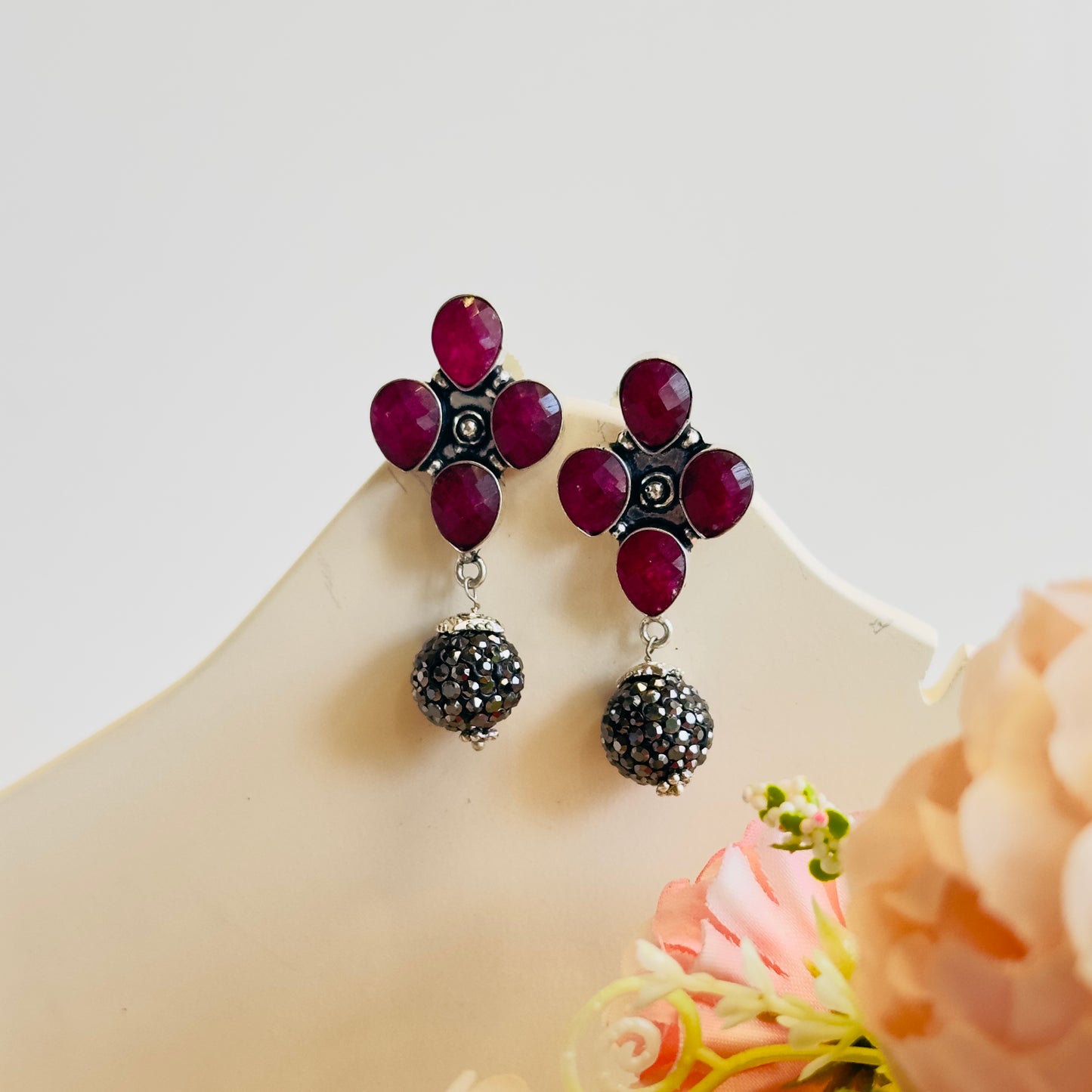Silver Tone Ruby Green Earrings