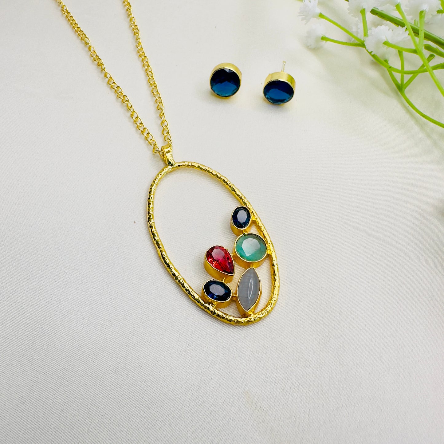 Multicolor Necklace Set with Stud Earrings