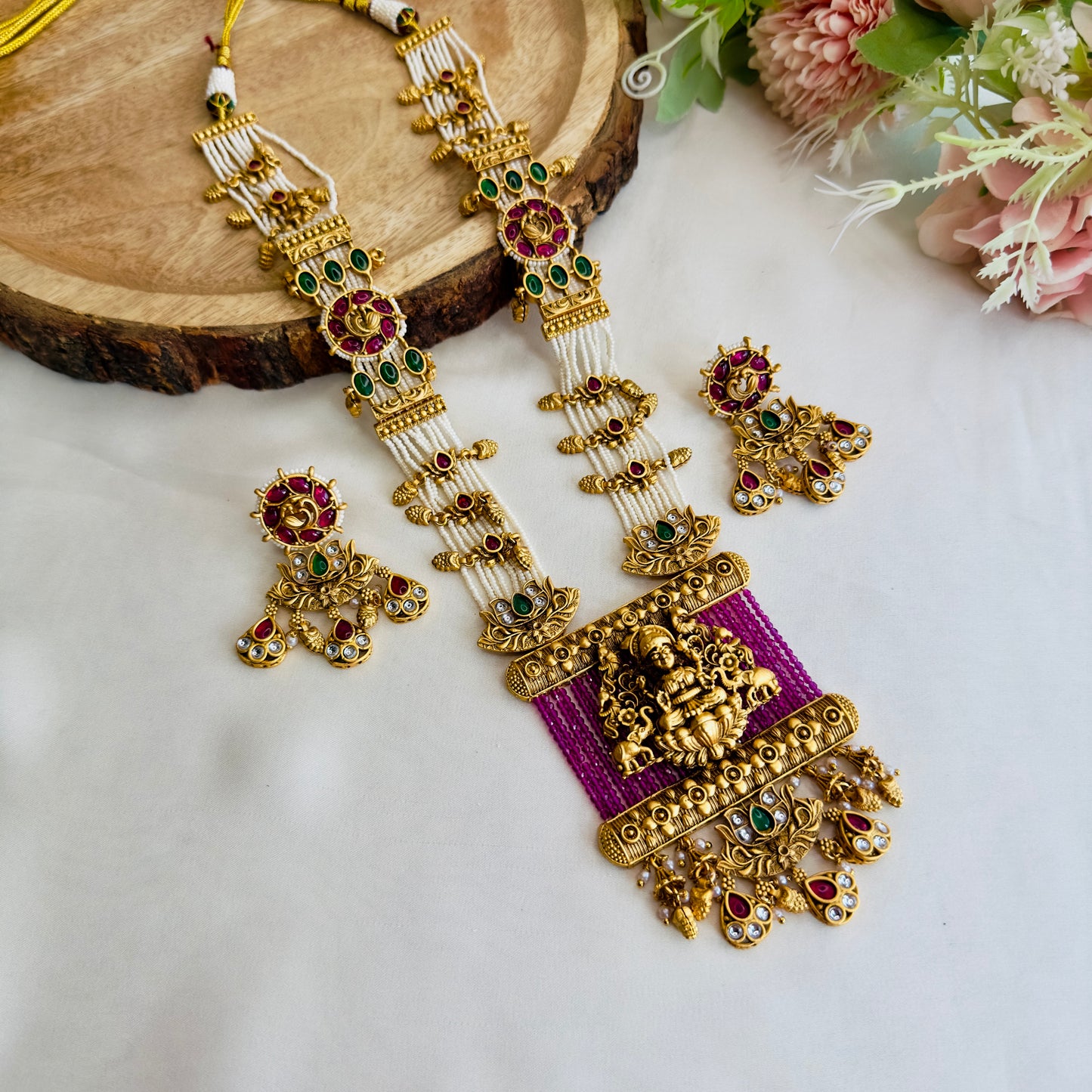 Pink White Laxmi Ji Motif Necklace Set