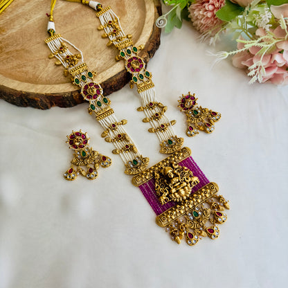 Pink White Laxmi Ji Motif Necklace Set