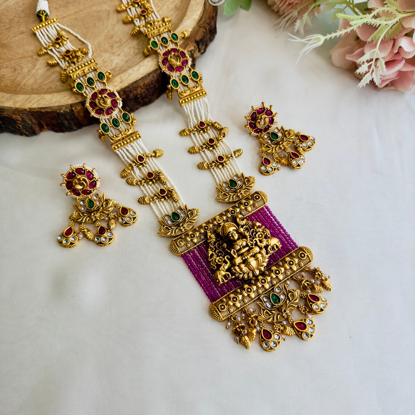 Pink White Laxmi Ji Motif Necklace Set