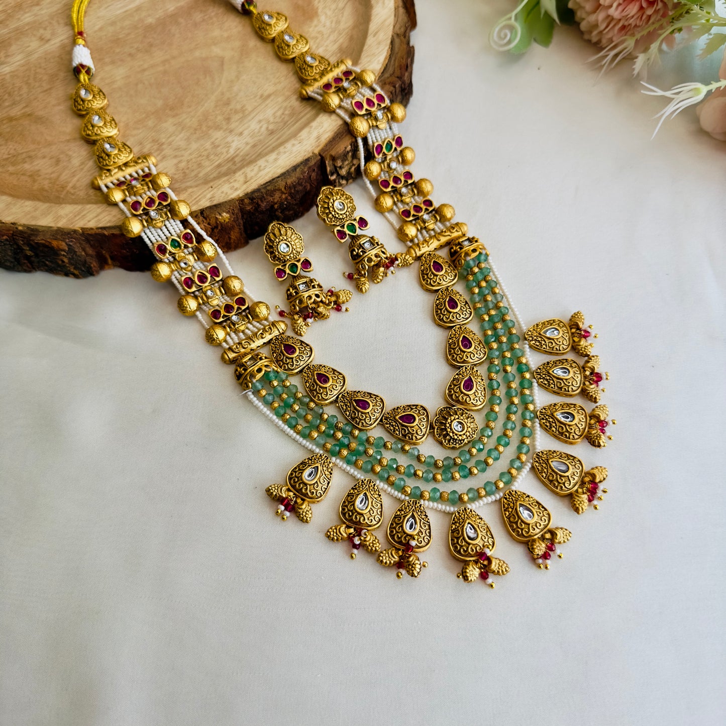 Nine Pendant Long Rajwadi Multilayer Necklace Set