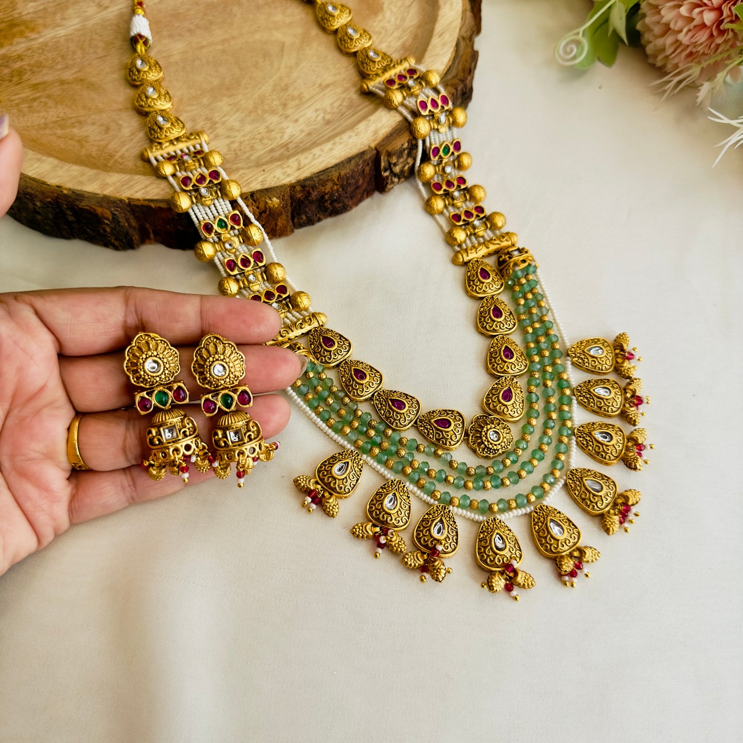 Nine Pendant Long Rajwadi Multilayer Necklace Set