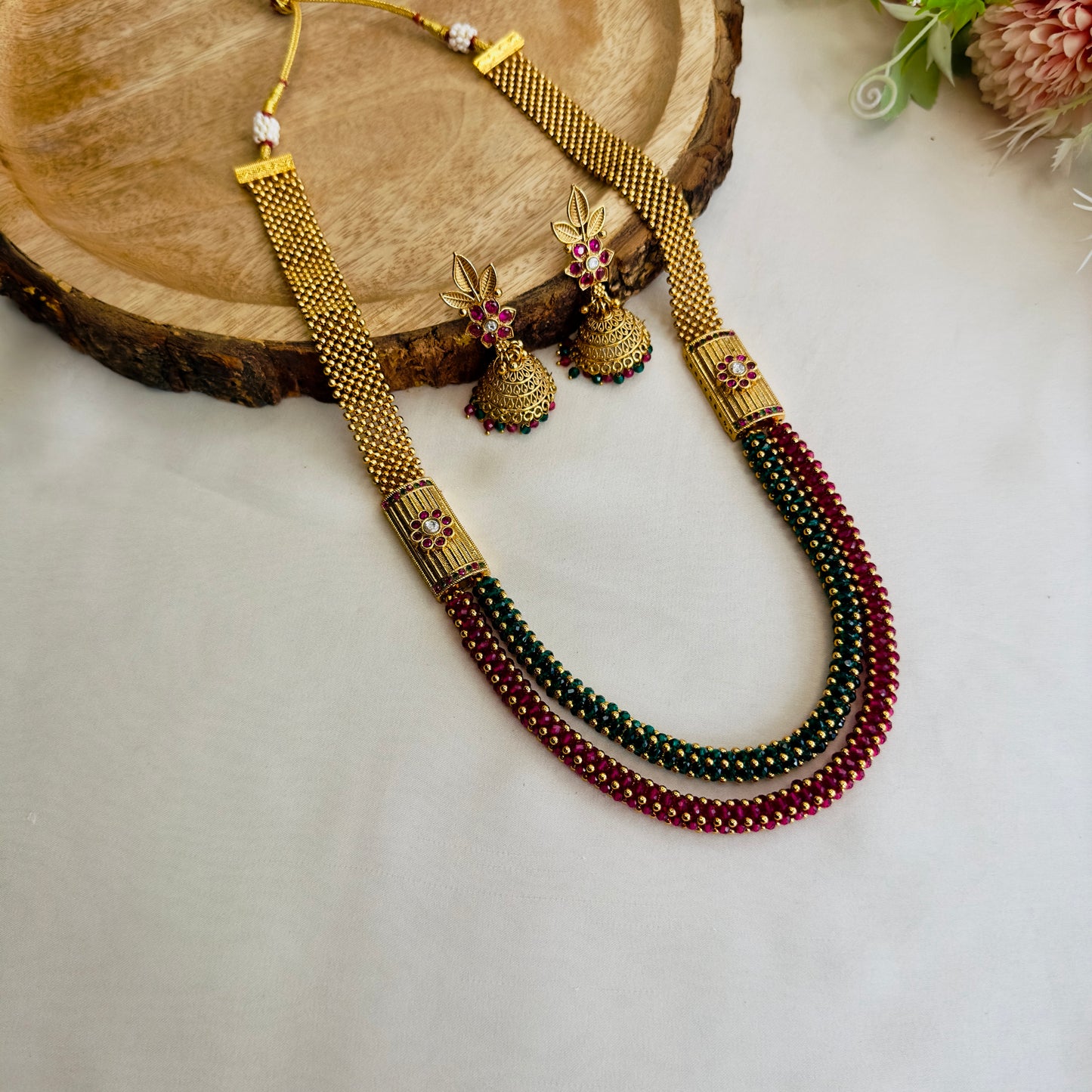 Ruby Green Double Layer Necklace Set