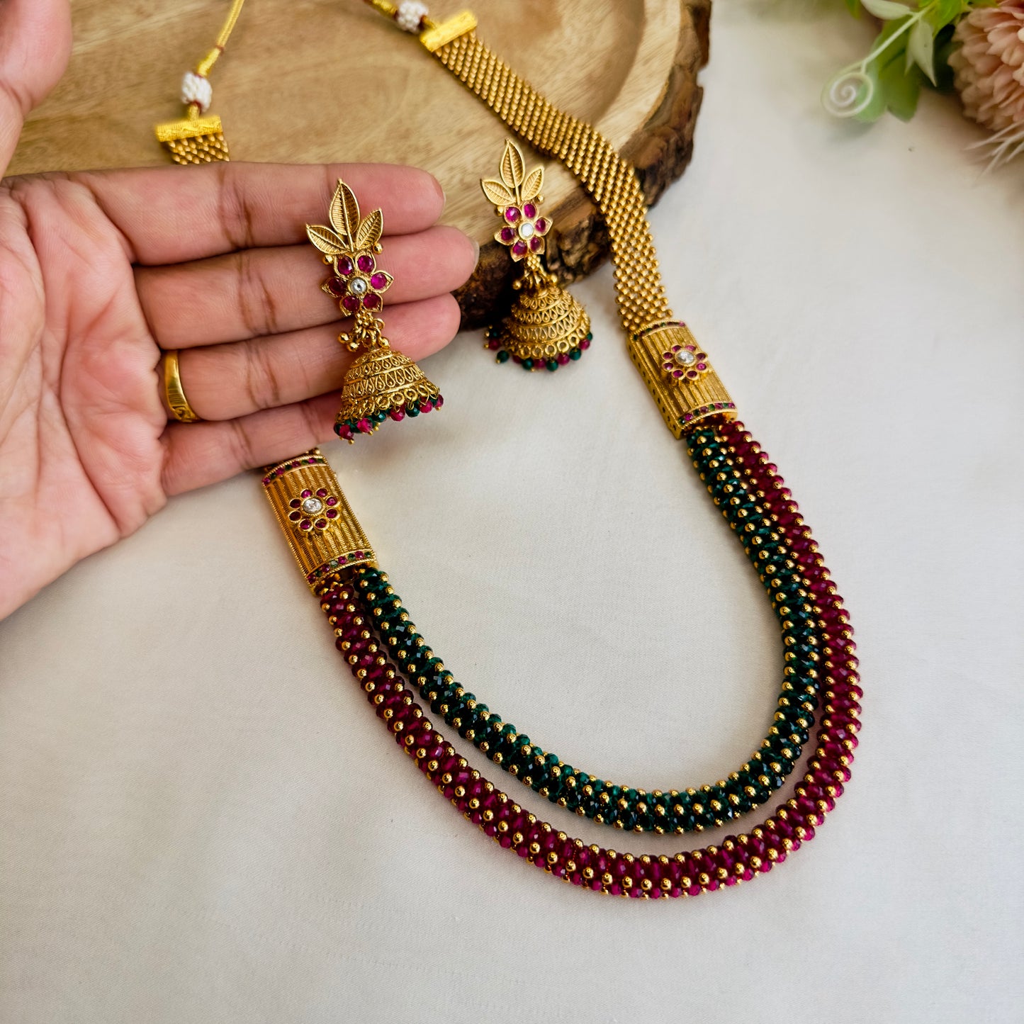 Ruby Green Double Layer Necklace Set