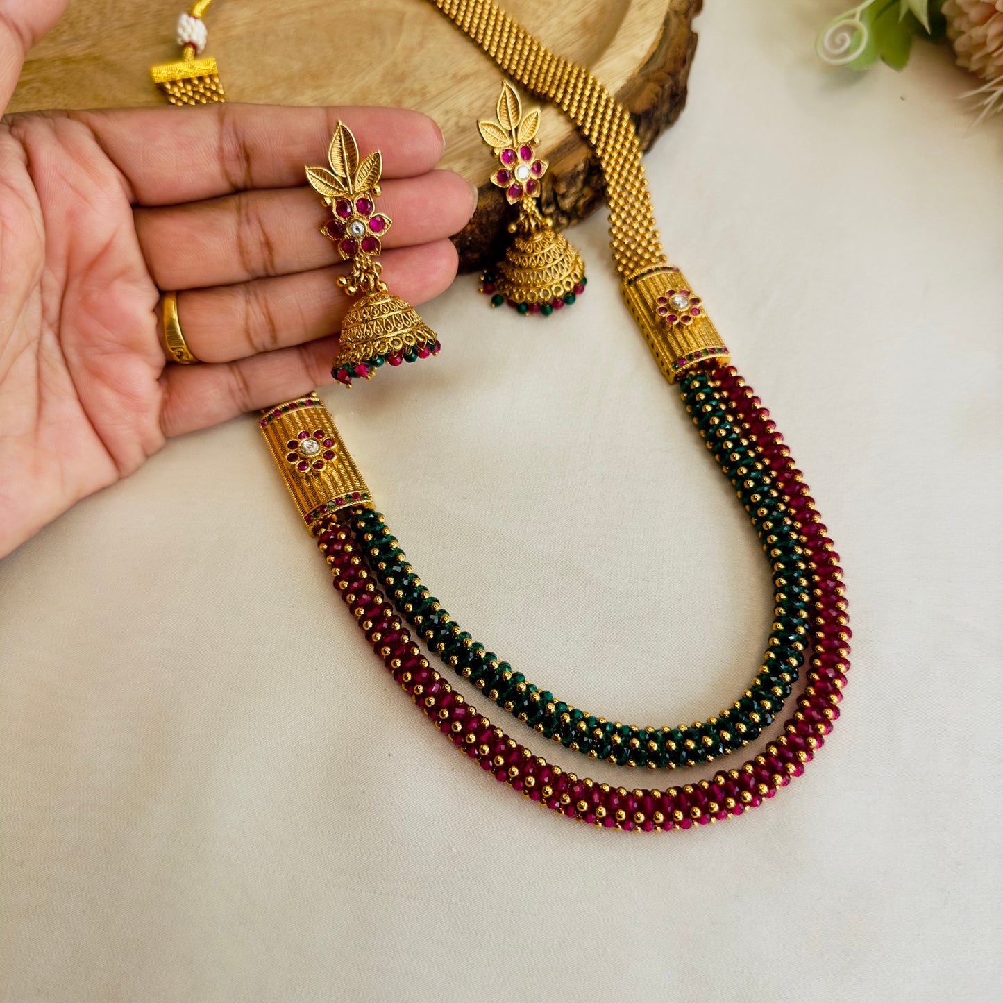 Ruby Green Double Layer Necklace Set