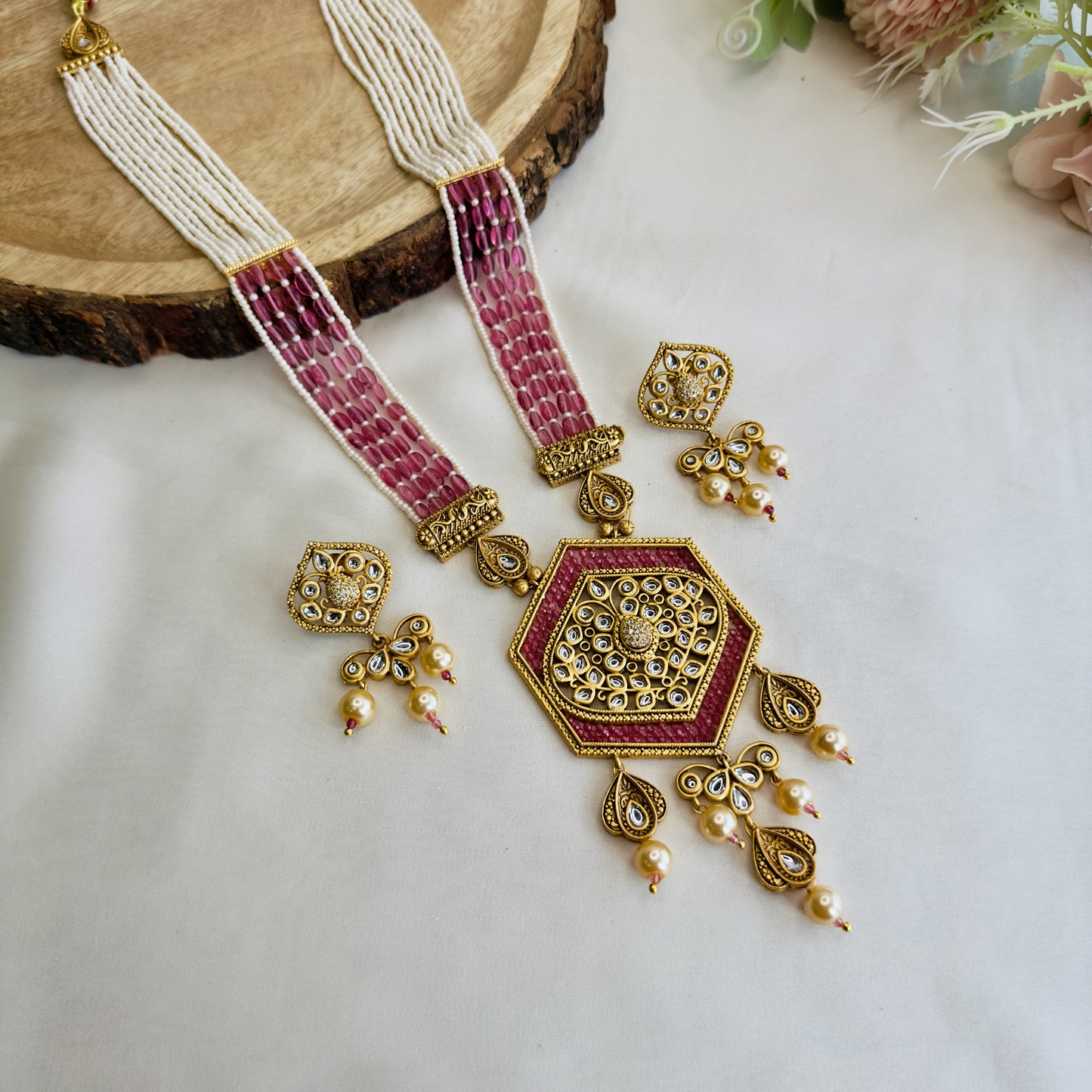 Hexagon Pendant Rajwadi Necklace Set