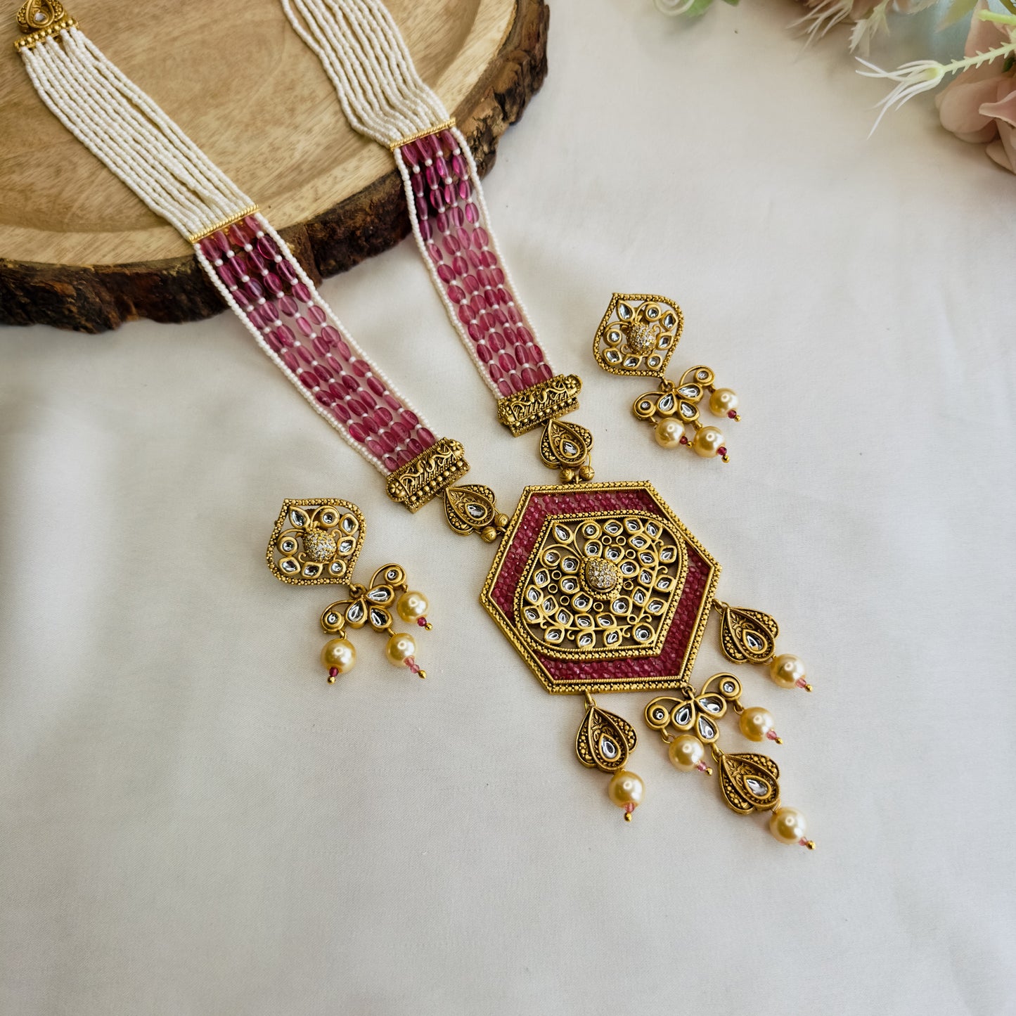 Hexagon Pendant Rajwadi Necklace Set