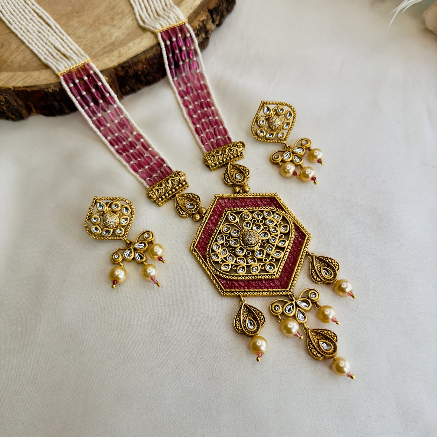 Hexagon Pendant Rajwadi Necklace Set