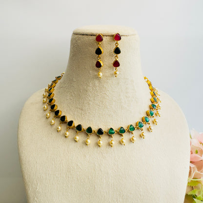 Pachi Kundan Single line pearl drop Necklace Set