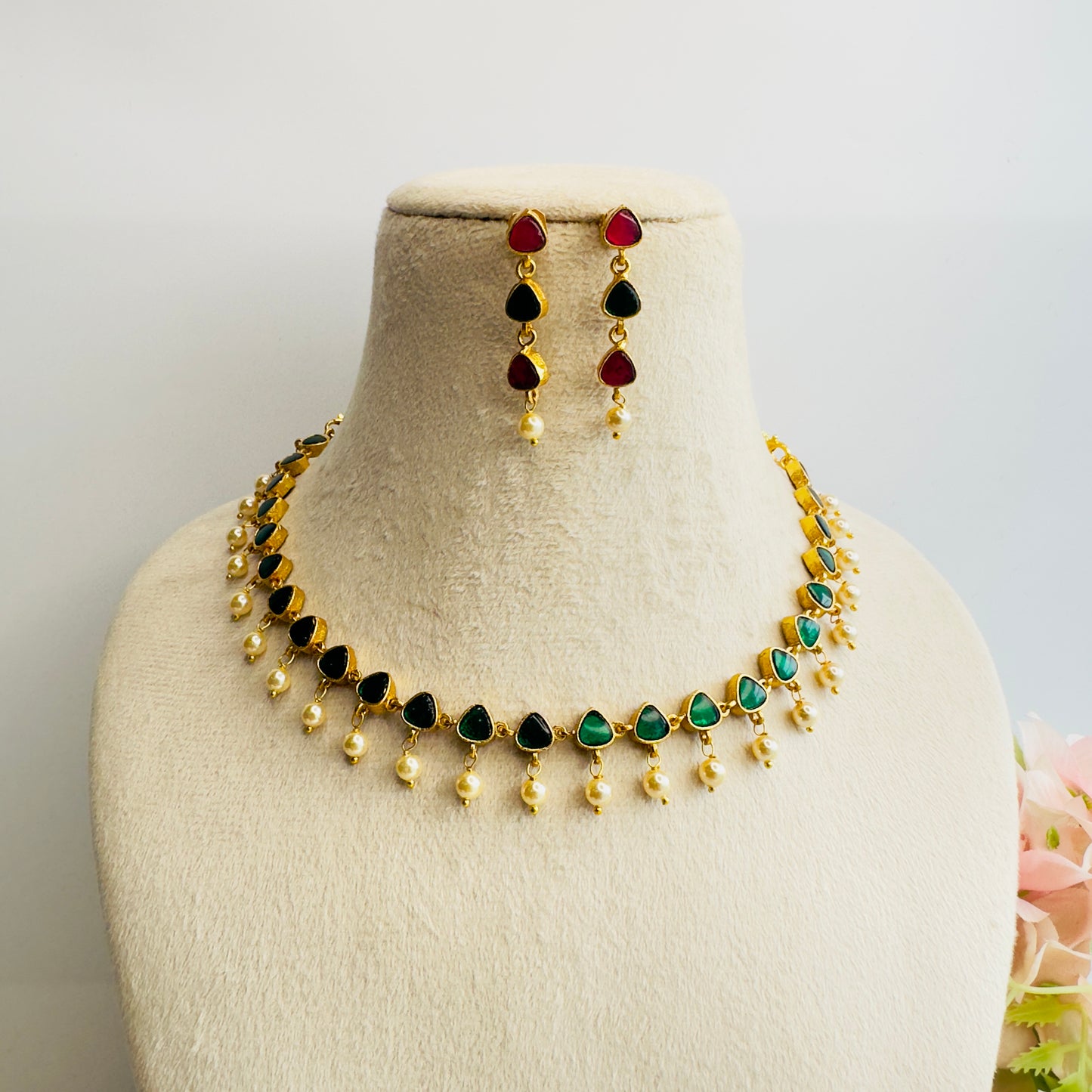 Pachi Kundan Single line pearl drop Necklace Set