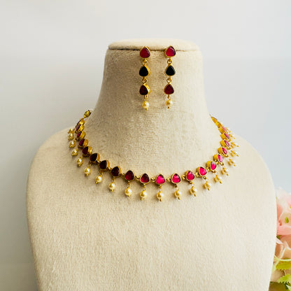 Pachi Kundan Single line pearl drop Necklace Set