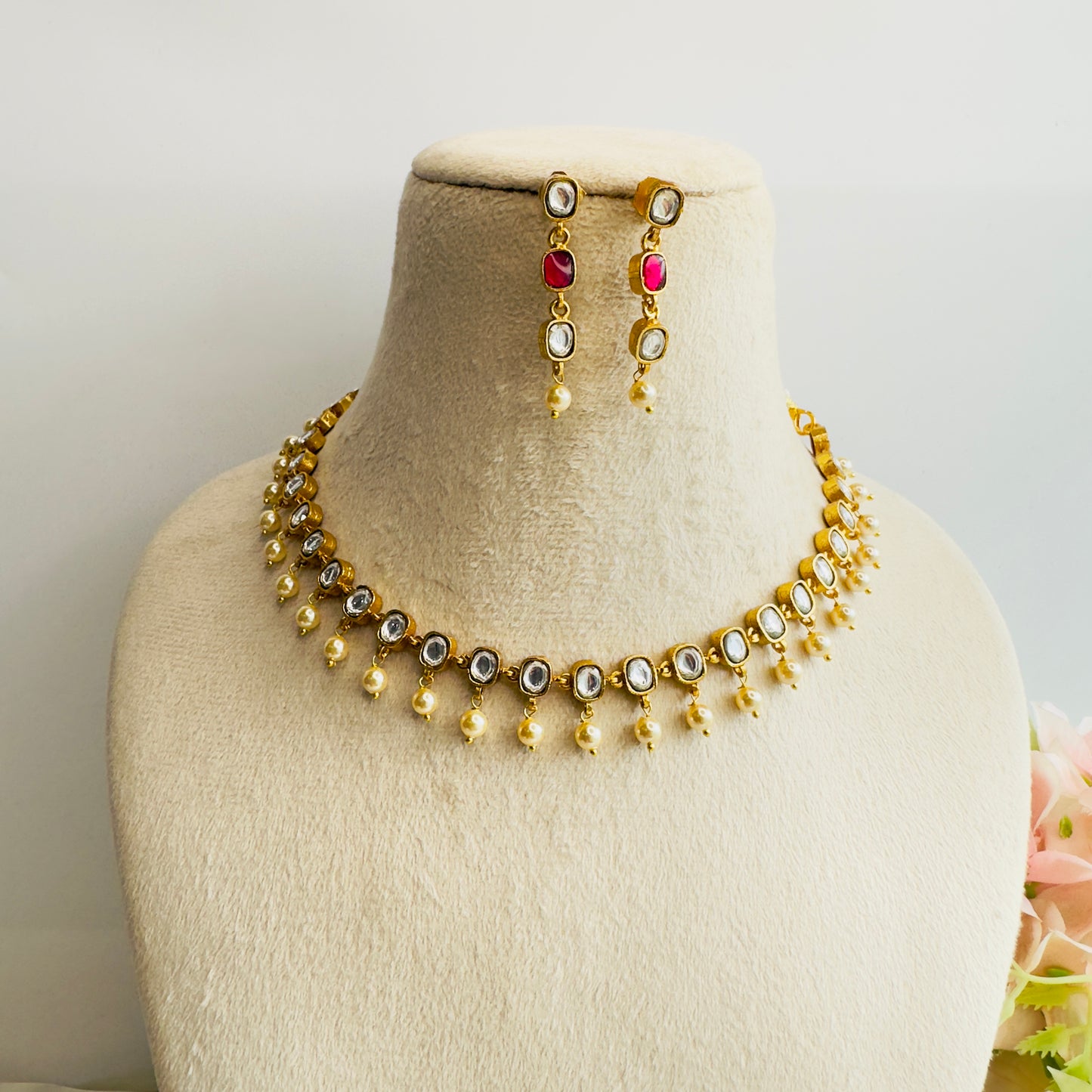 Single Line Jadau Pachi Kundan Necklace set