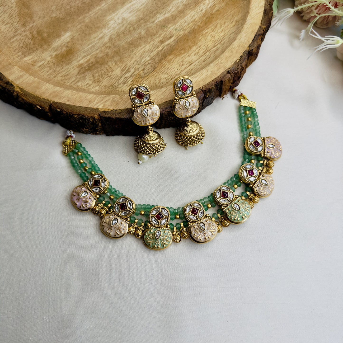 Mint Pink Rajwadi Sleek Necklace Set