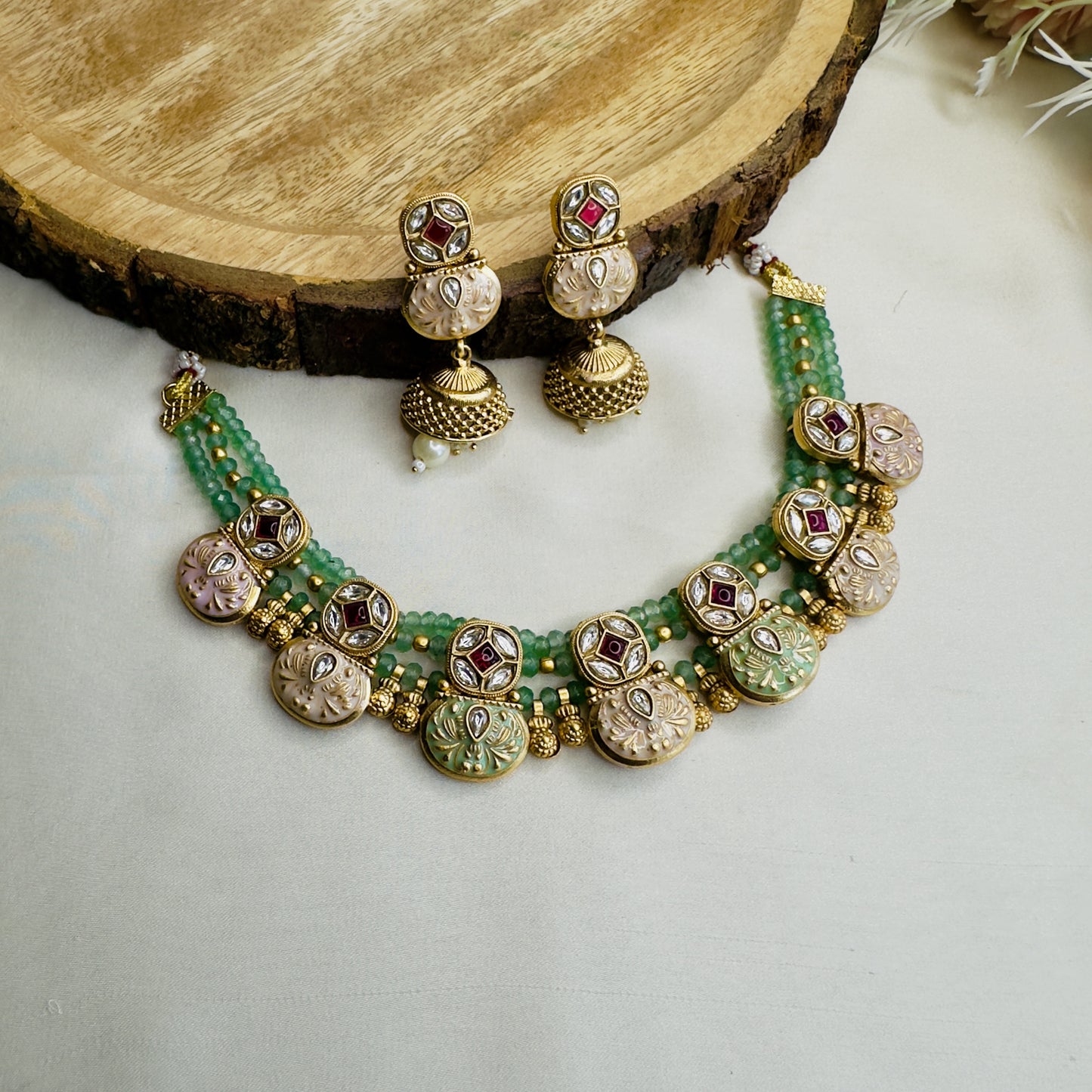 Mint Pink Rajwadi Sleek Necklace Set