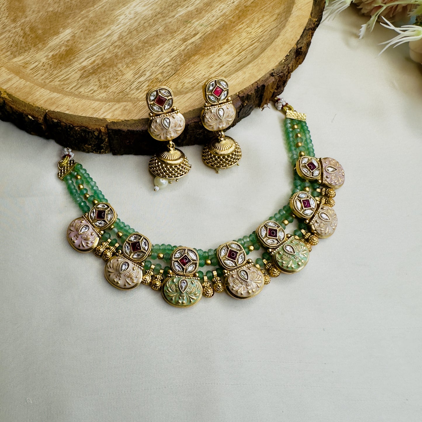 Mint Pink Rajwadi Sleek Necklace Set