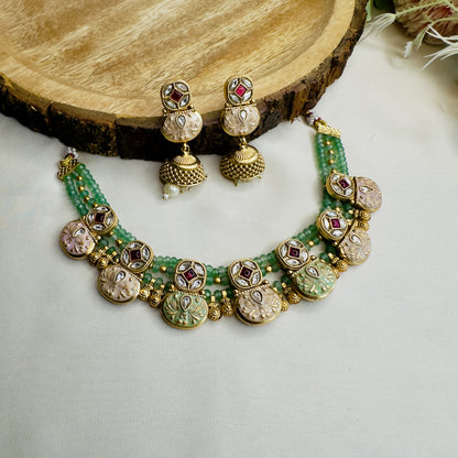 Mint Pink Rajwadi Sleek Necklace Set