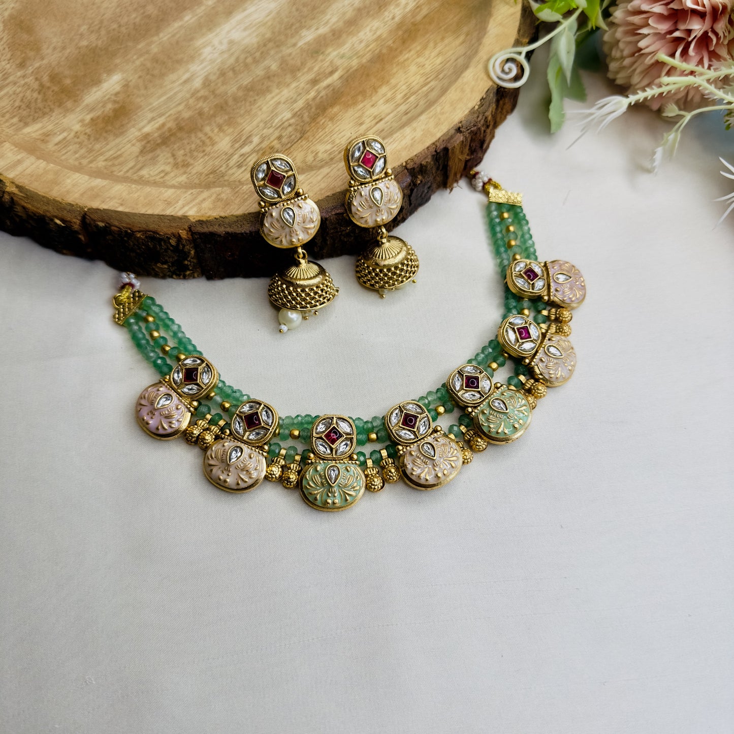 Mint Pink Rajwadi Sleek Necklace Set