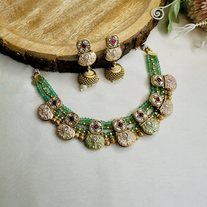 Mint Pink Rajwadi Sleek Necklace Set