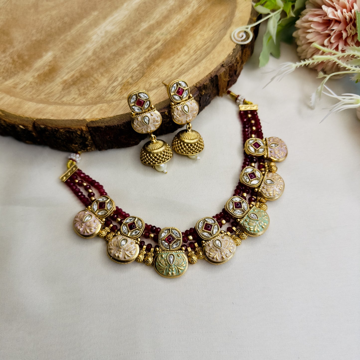 Mint Pink Rajwadi Sleek Necklace Set