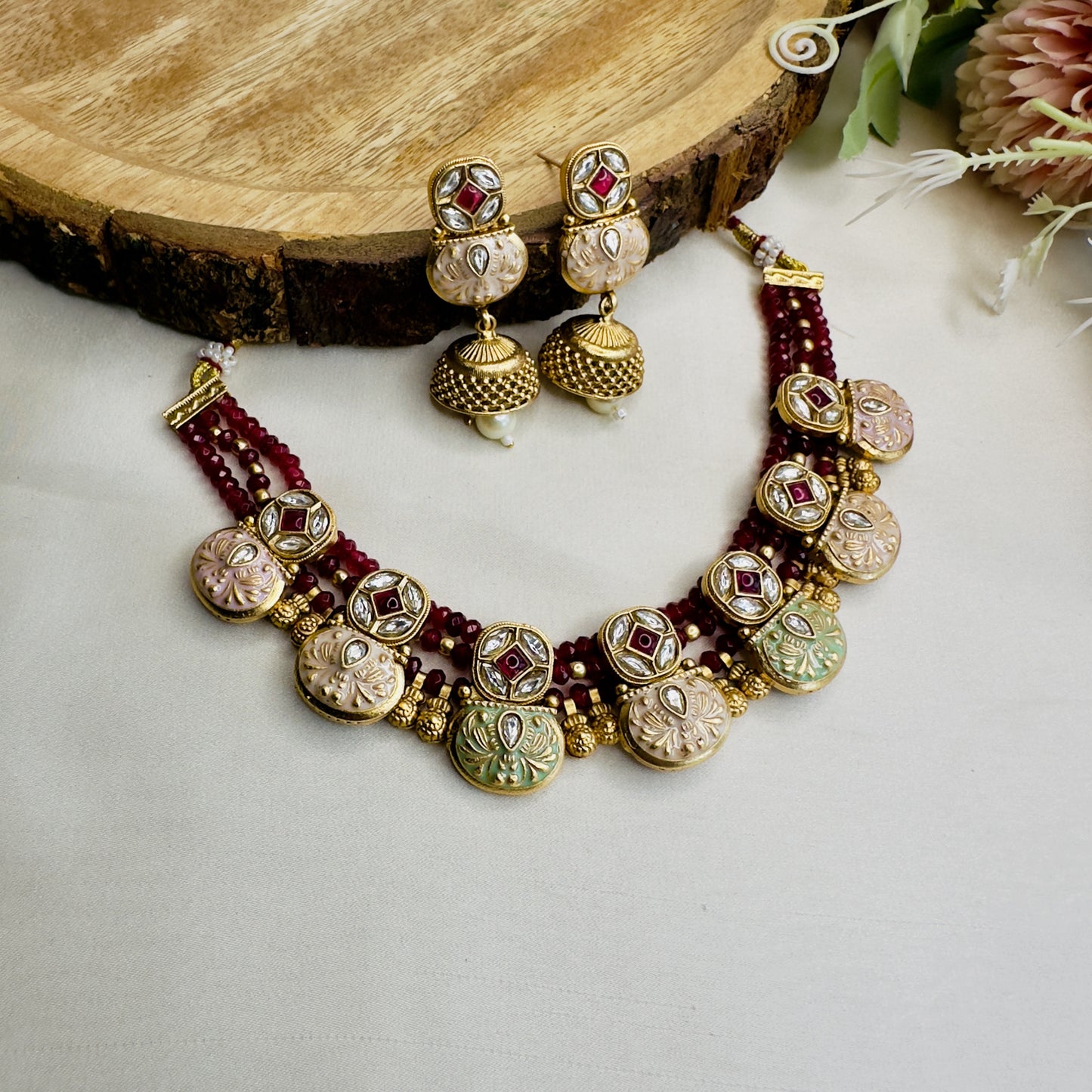 Mint Pink Rajwadi Sleek Necklace Set