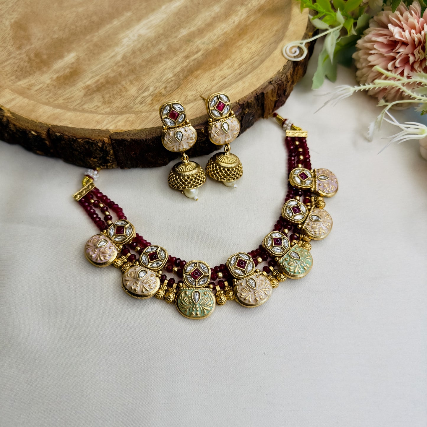 Mint Pink Rajwadi Sleek Necklace Set