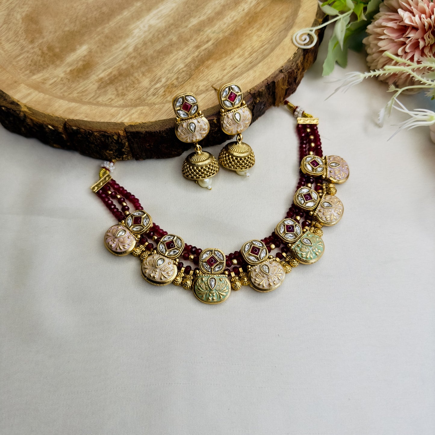 Mint Pink Rajwadi Sleek Necklace Set