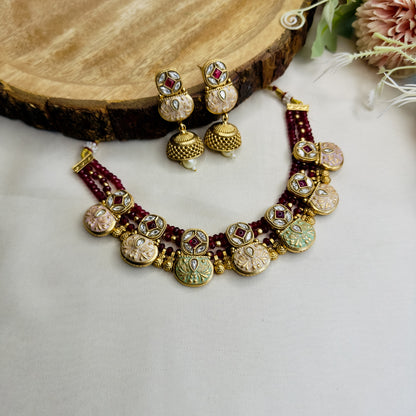 Mint Pink Rajwadi Sleek Necklace Set