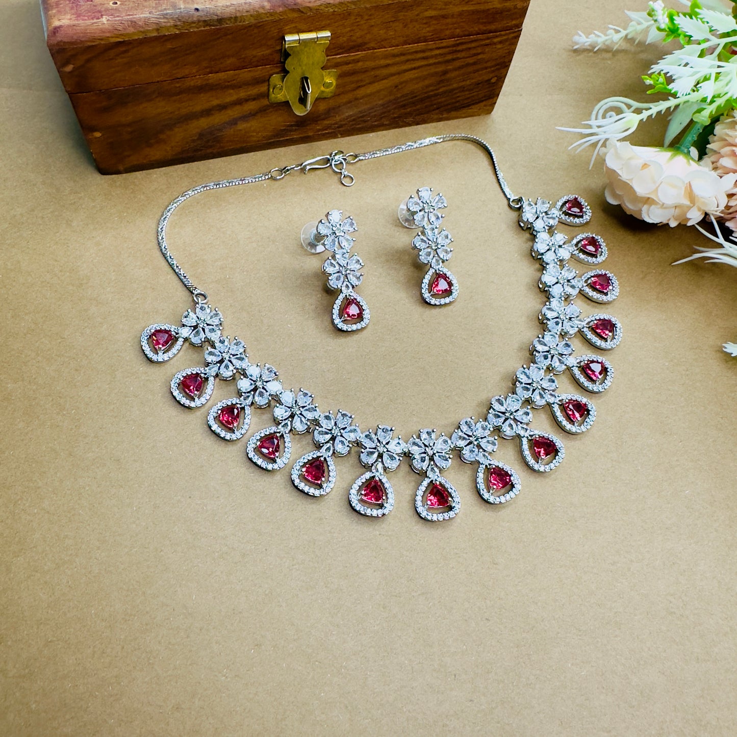 Beautiful Delicate Ruby AD Necklace Set