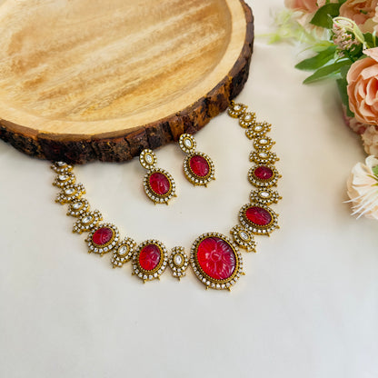 Ruby Carving Stone Necklace Set