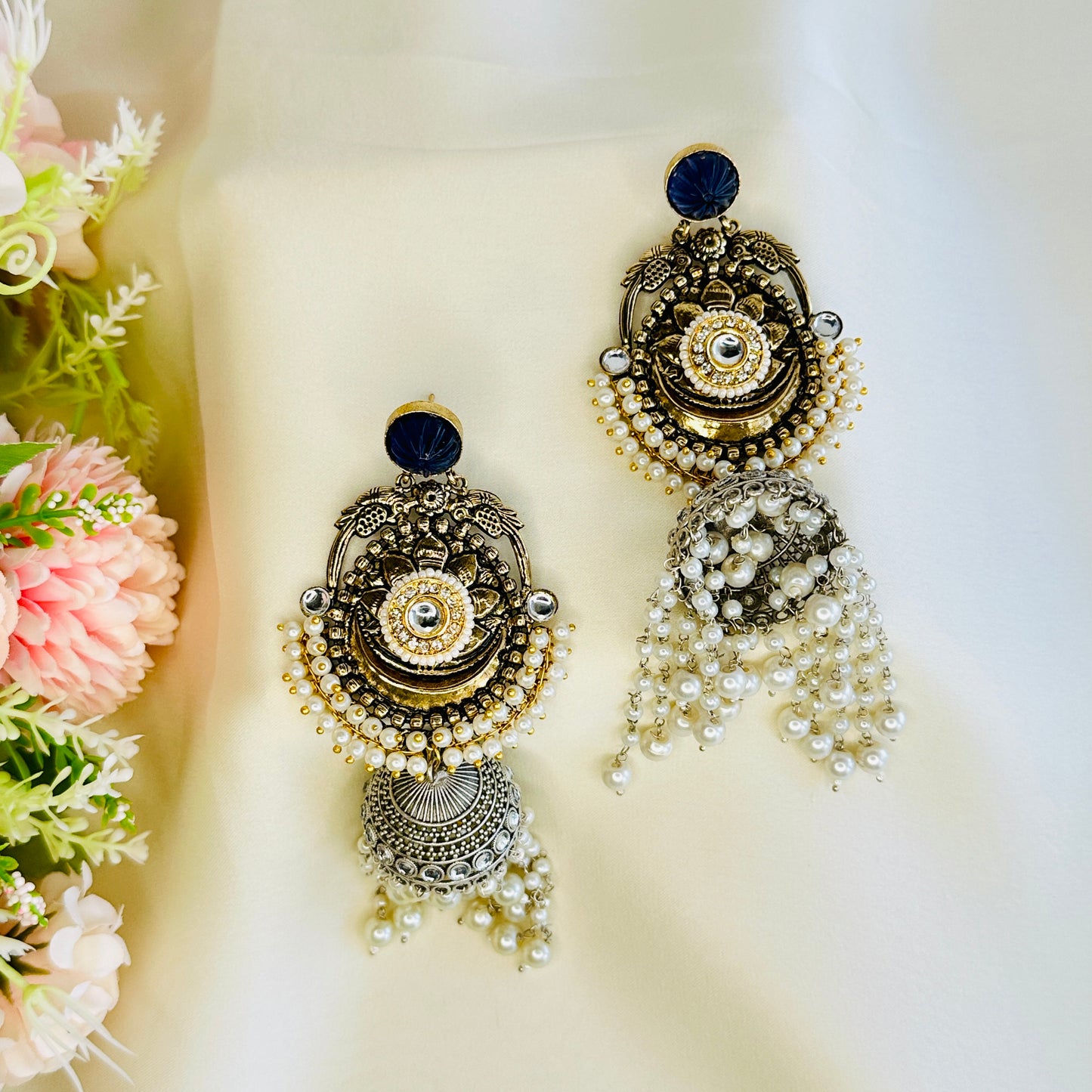 Dualtone Moti Jhumka Earrings